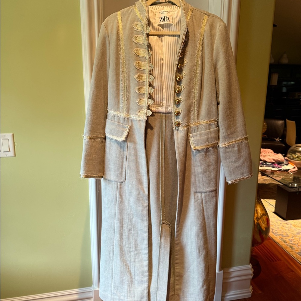 Zara Cream Long Blazer with Gold Accents